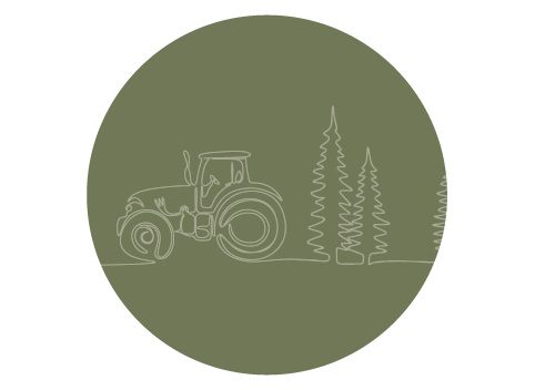 Illustration rund bild, traktor och granar oneliner i grönt