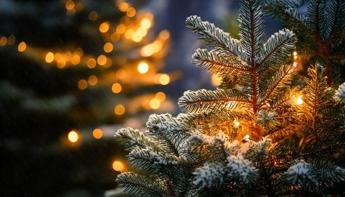 Vintrig julgran med snö och julbelysning