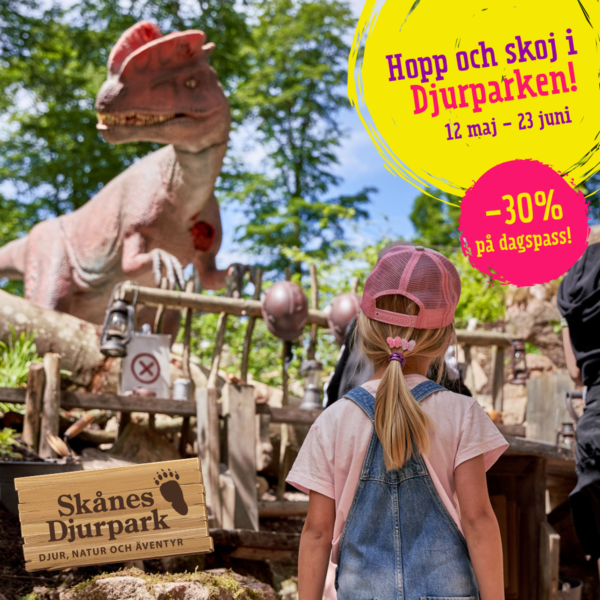 Att barn tittar på en låtsasdinosaurie på Skånes Djurpark. 