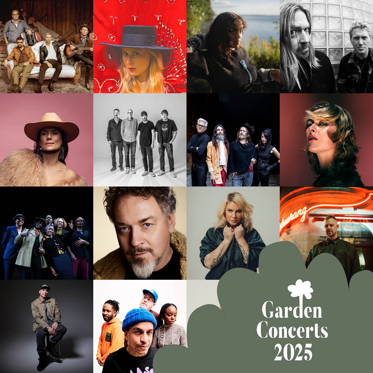 Kollage av artisterna som framträder på Garden Concerts 2025