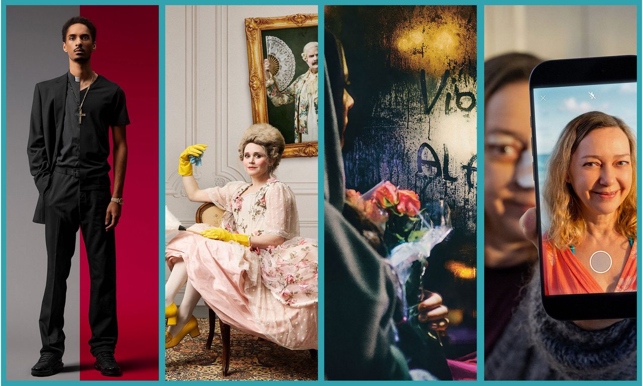 A collage of four vertical images shows different people and situations. On the left, a young man in a dark suit stands against a split red and gray background. Next, a woman dressed in vintage attire with yellow gloves sits in an ornate room beside a classical portrait. The third panel features a person holding flowers in a dark, rainy setting with handwritten text on a foggy window. The final panel shows a smiling woman on a smartphone screen being photographed by another person, suggesting a casual, friendly moment.
