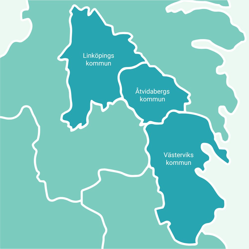 Karta över Sparbanken Spiras tre verksamhetsområden: Västerviks kommun, Åtvidabergs kommun och Linköpings kommun