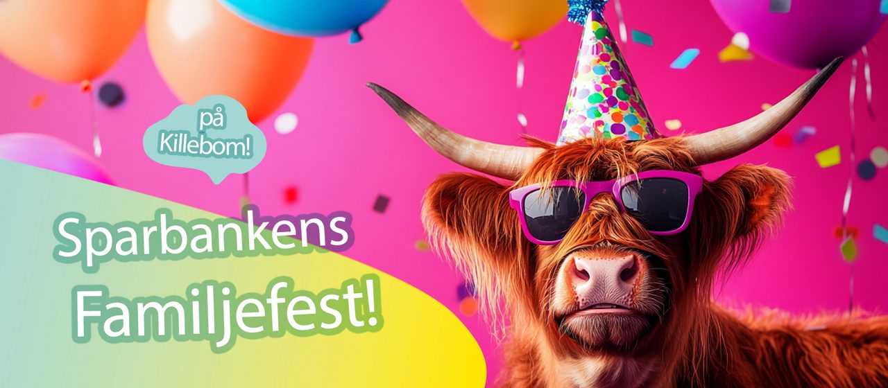 En tjur med partyhatt och solglasögon med ballonger i bakgrunden