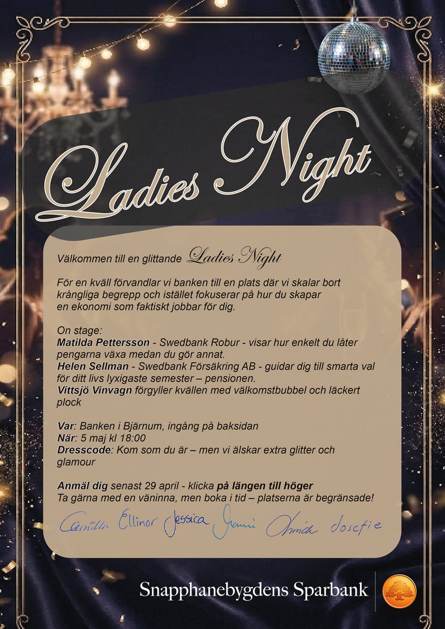 en bild med information om en ekonomiträff för kvinnor den 5 maj kl 18:00 på banken. Man anmodas klicka på länken till höger för att anmäla sig.
