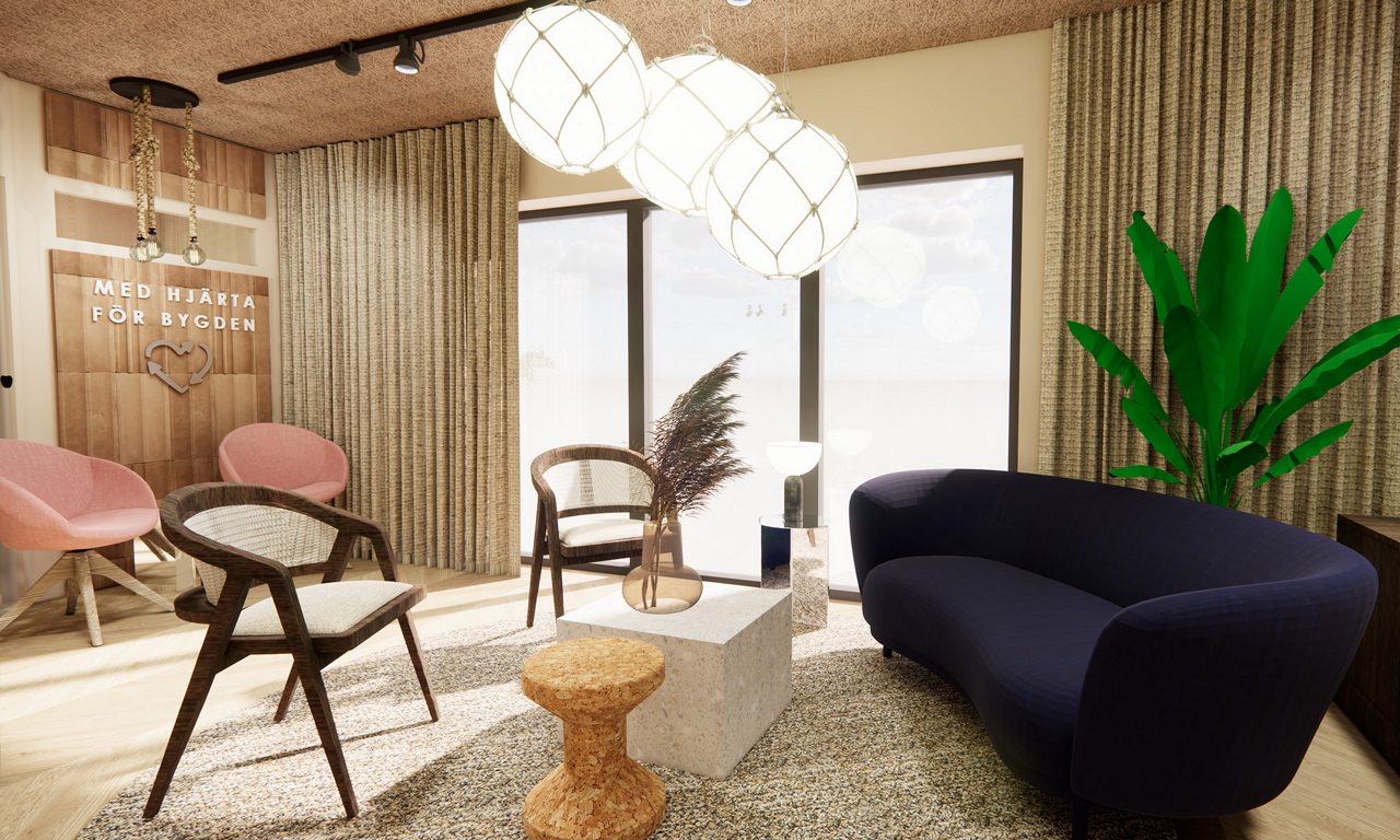 Visionsbild av lobyn på nya Mjällbykontoret