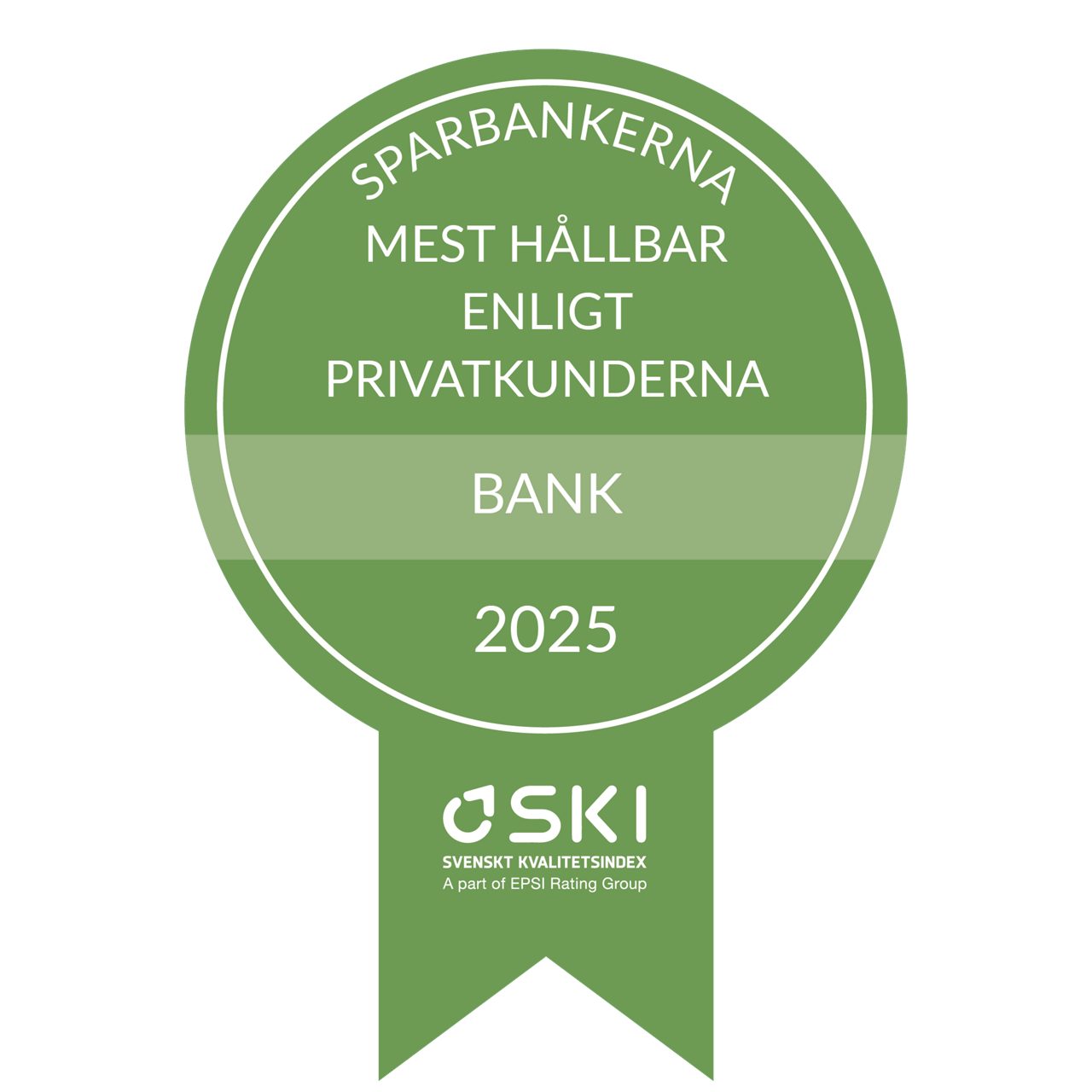 Medalj från SKI 2025 som utser Sparbankerna mest hållbara banken enligt privatkunderna