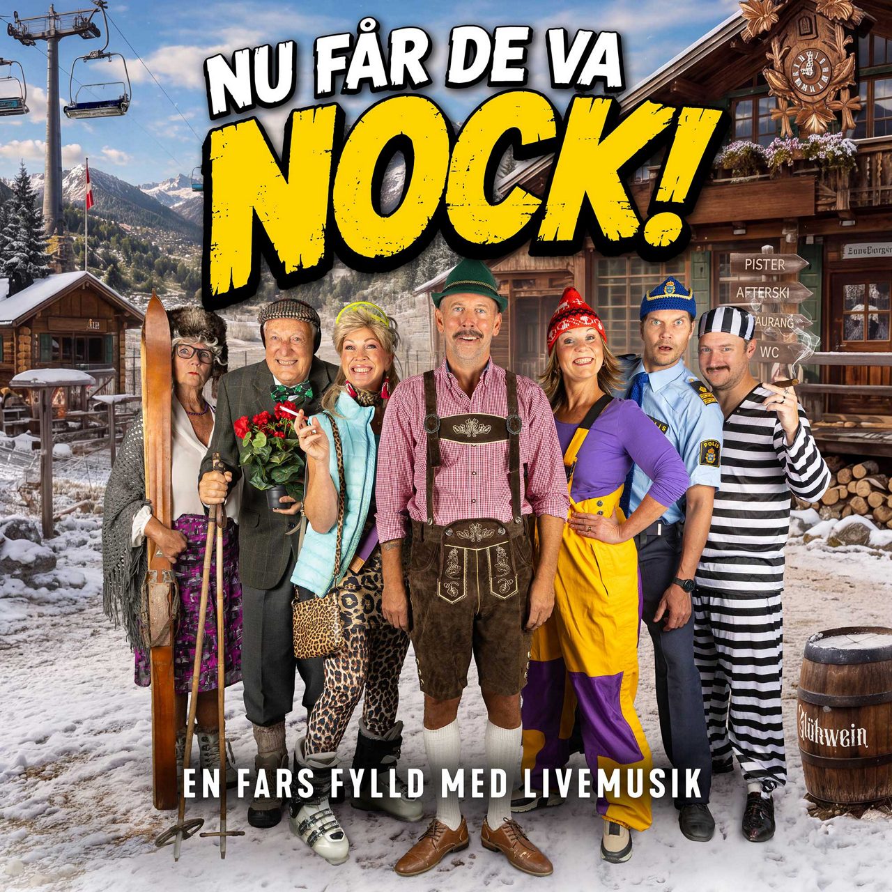 Colorful theater cast in snowy mountain village