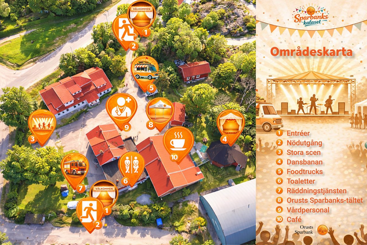 Områdeskarta över Sparbankskalaset med markerade platser som entréer, nödutgång, scener, foodtrucks, toaletter, räddningstjänst, tält, vårdpersonal och café.