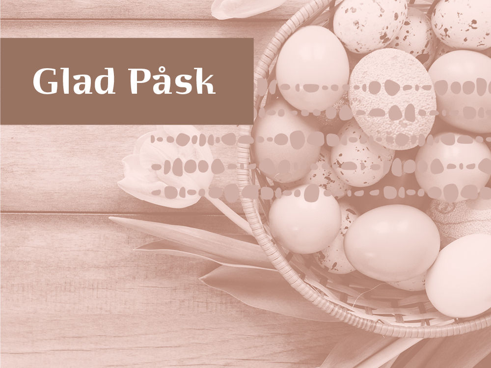 En korg med ägg och tulpaner som ligger bredvid. Bildtext: Glad påsk