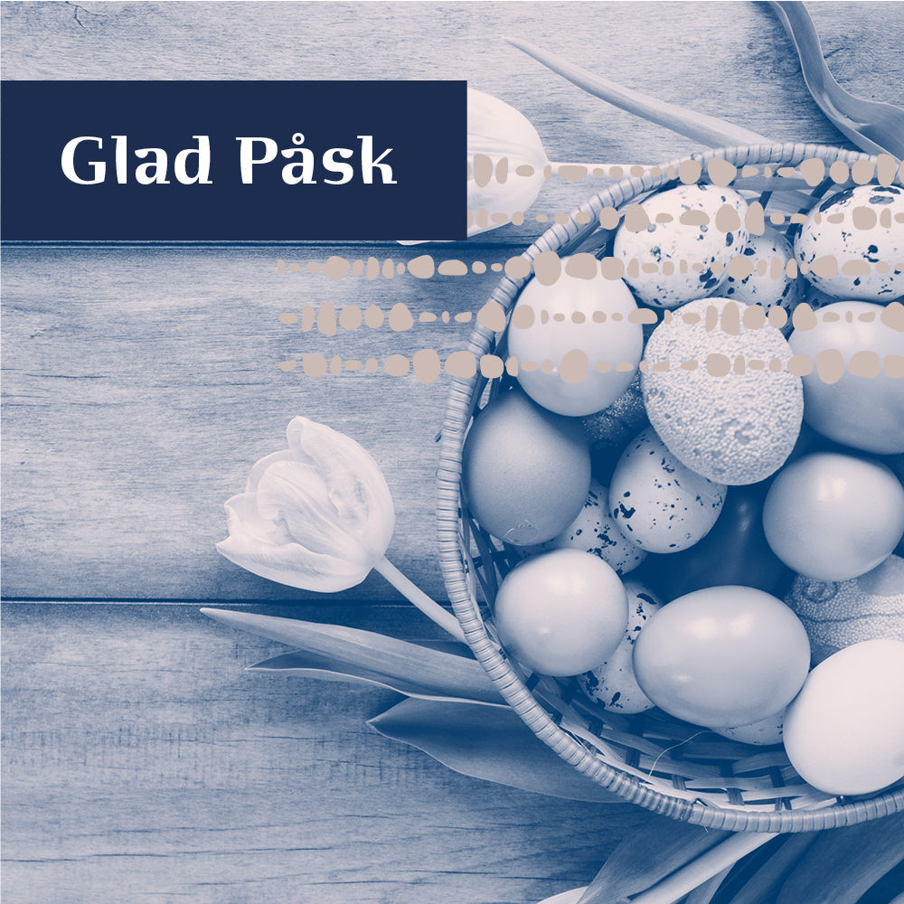 En korg med ägg och tulpaner som ligger bredvid. Bildtext: Glad påsk
