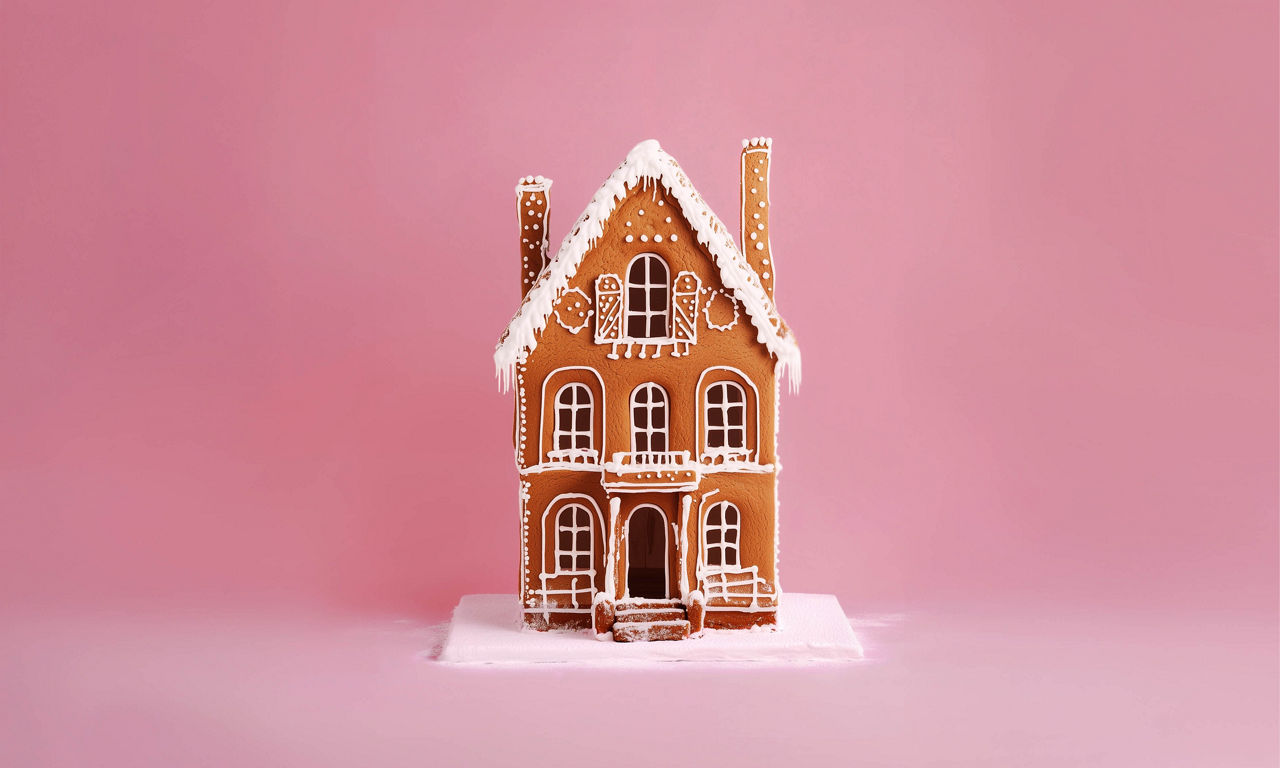 Ett detaljerat pepparkakshus dekorerat med vit glasyr står mot en rosa bakgrund, med intrikata mönster och ett snötäckt tak.