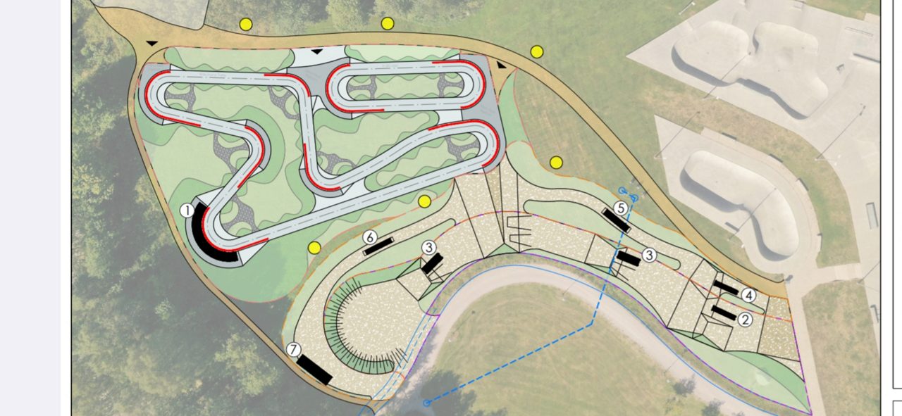 Vy och karta över pumptrackbanan vid Siljansvallen i Leksand.