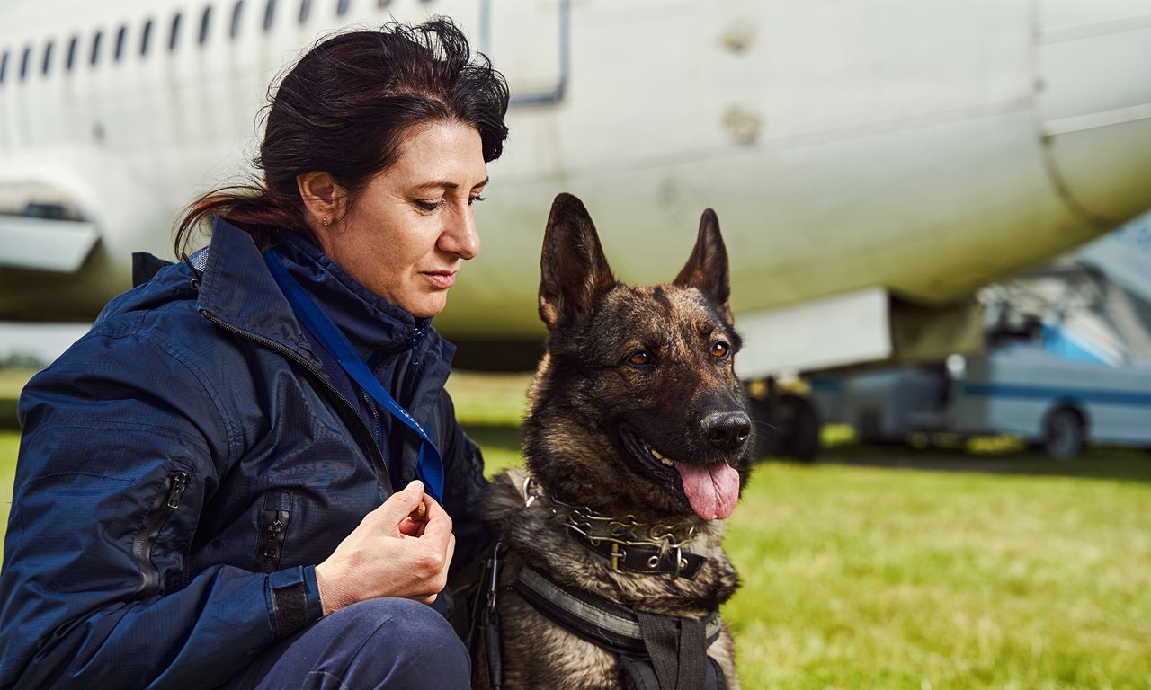 Säkerhetsvakt med hund framför ett flygplan