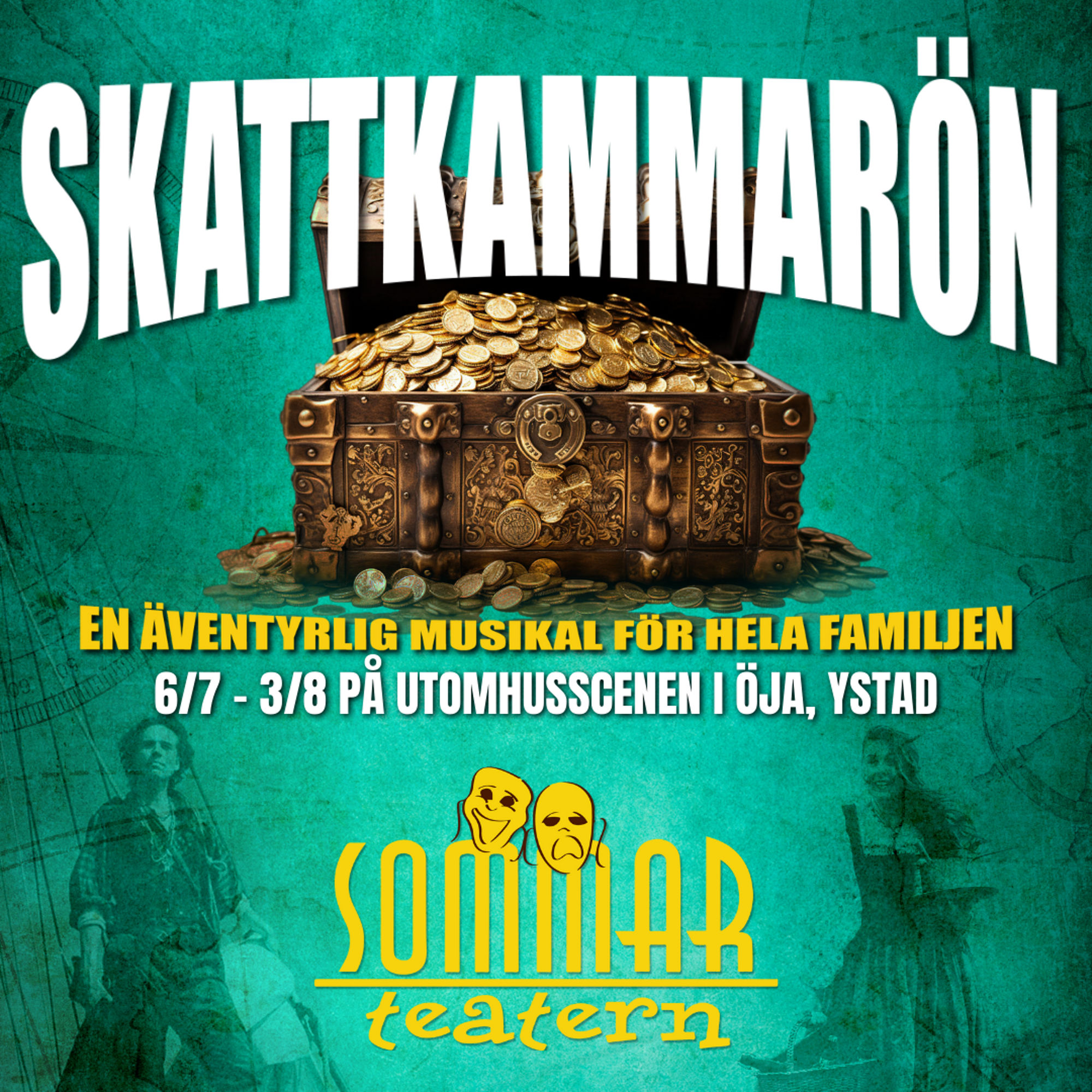 En bild som visar en skattkista med texten Skattkammarön  en äventyrlig musikal för hela familjen.