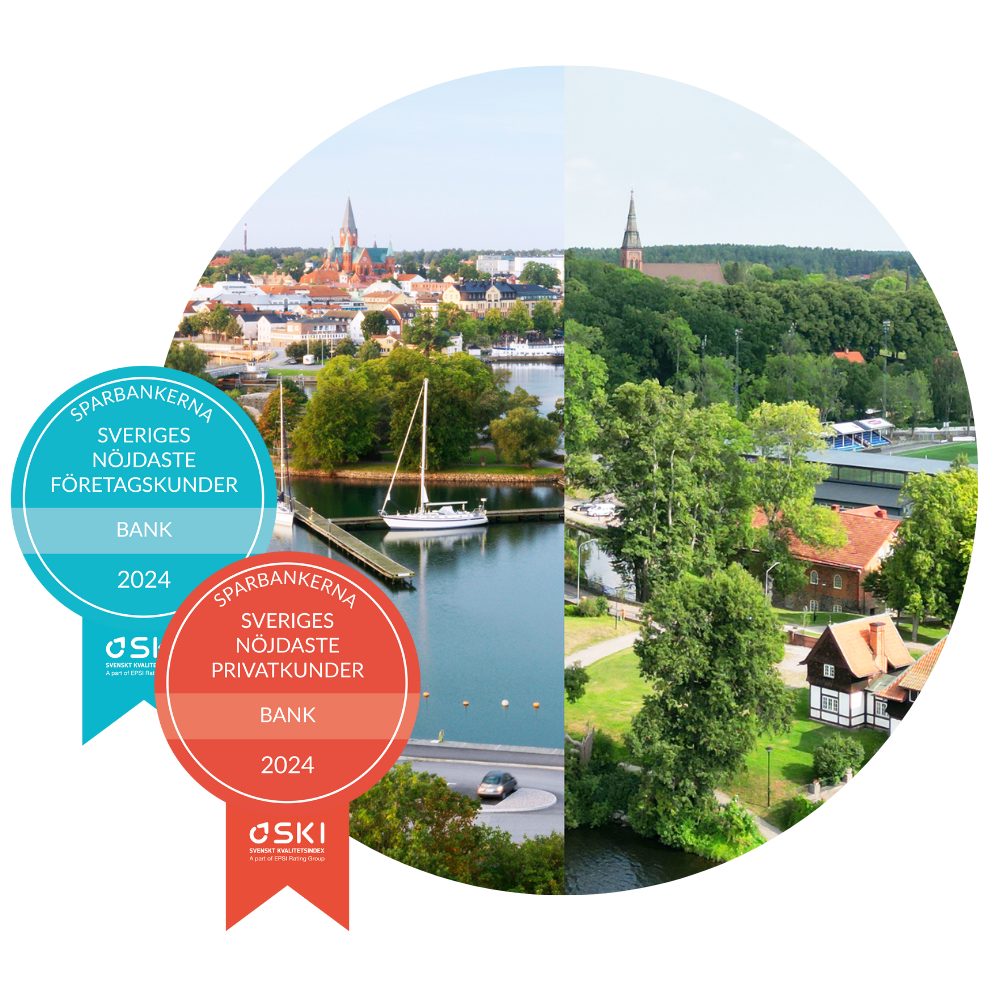Vy över Västervik och Åtvidaberg plus två medaljer som visar att Sparbankerna har Sveriges nöjdaste bankkunder , både för privatpersoner och företagare