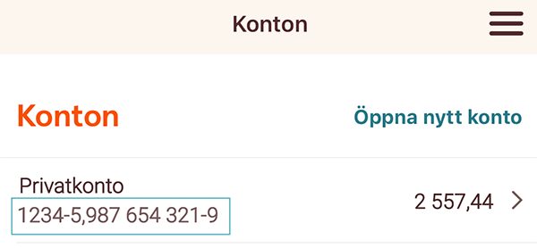 Vy från Sparbanksappen - Så ser du ditt kontonummer