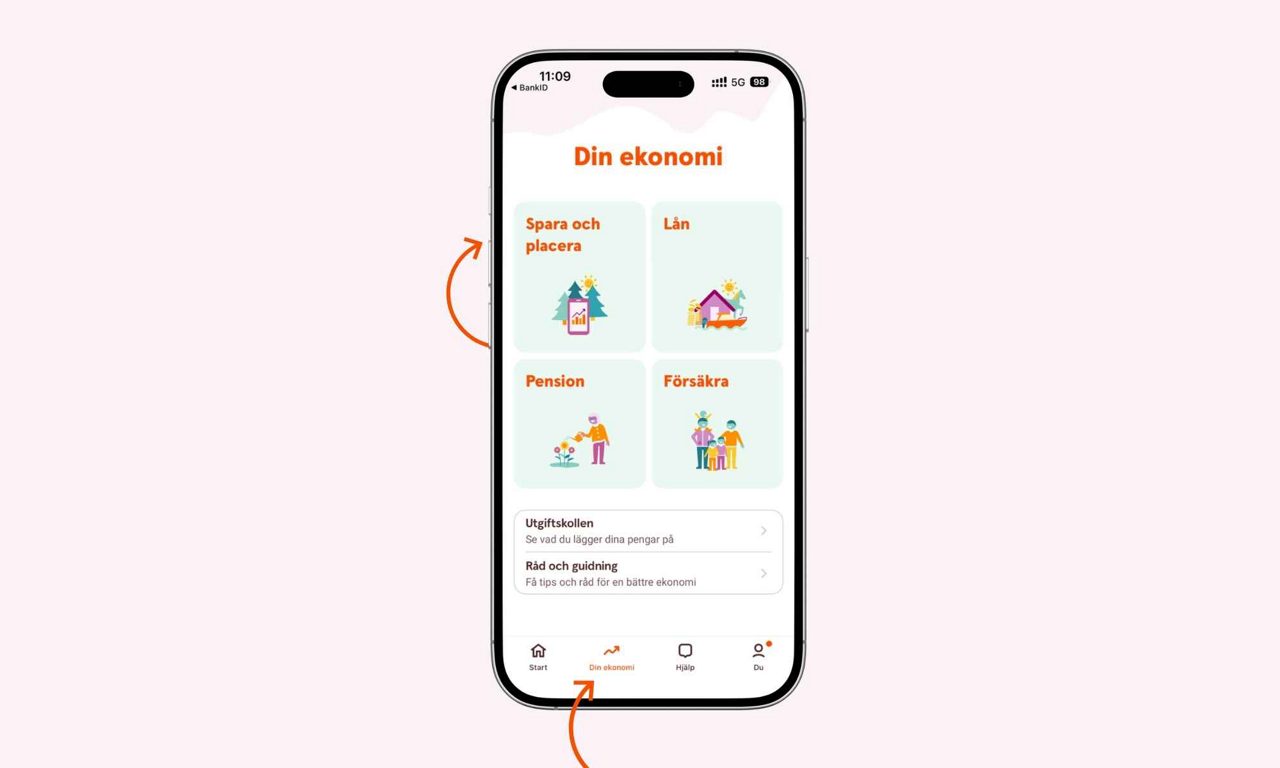 Mobilskärm visar funktionen, steg ett, för att starta och beräkna månadssparande i bankappen.