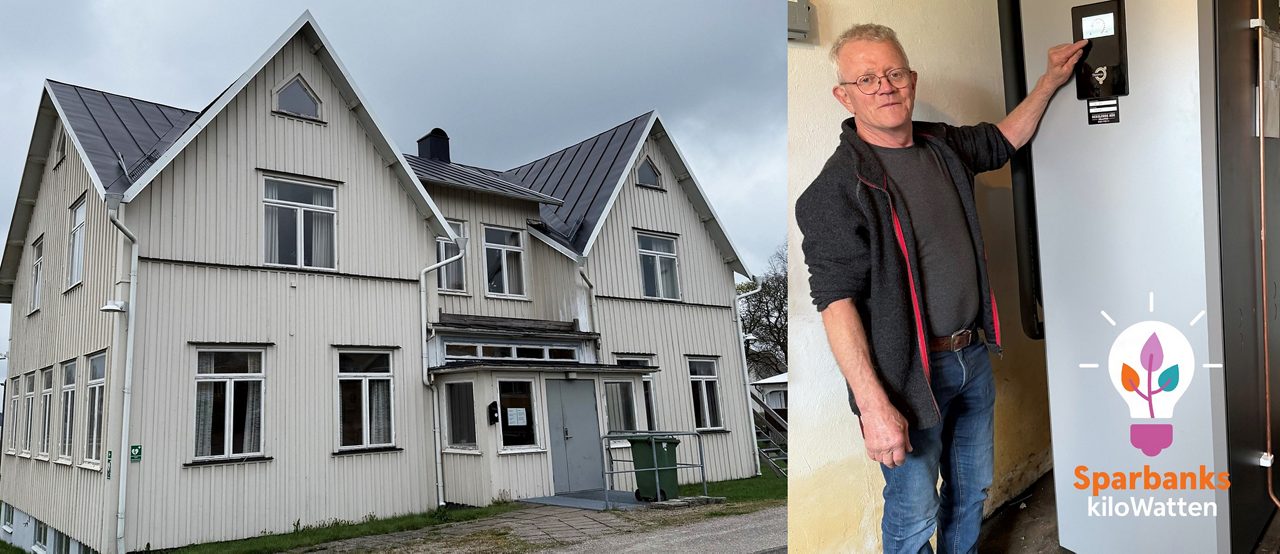 Man står framför en värmepump och en träbyggnad