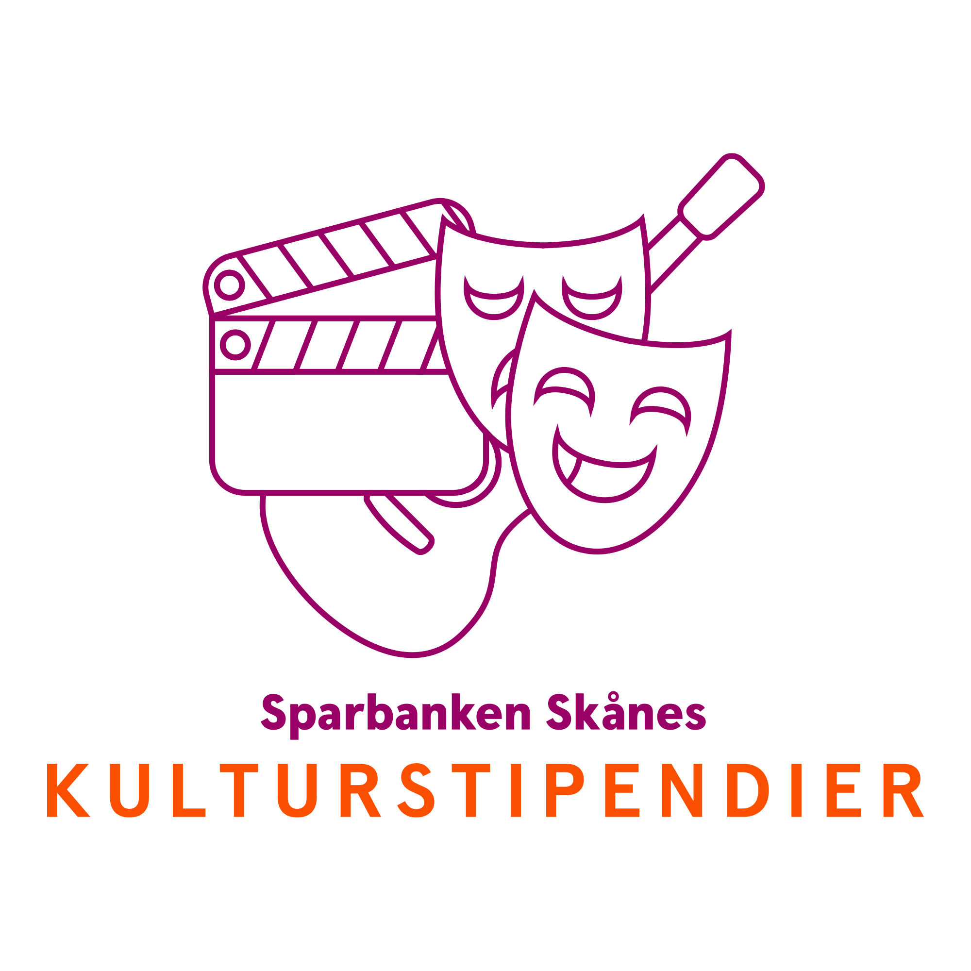 Logotyp för Sparbanken Skånes Kulturstipendier som vbestår av en filmklappa, gitarr och en teatermask.
