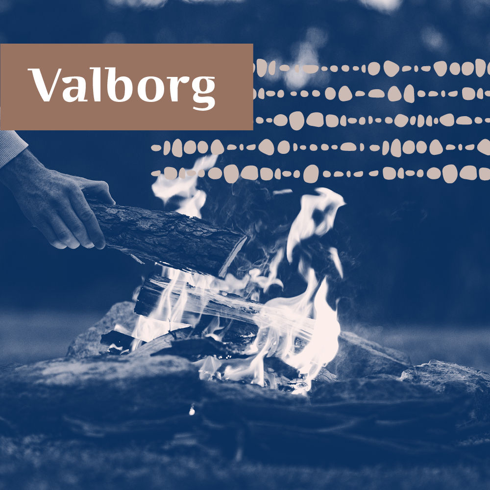 En hand lägger ett vedträ på en brasa