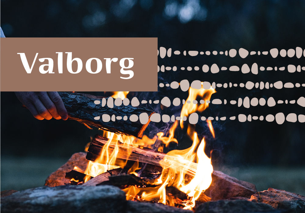 En hand lägger ett vedträ på en brasa