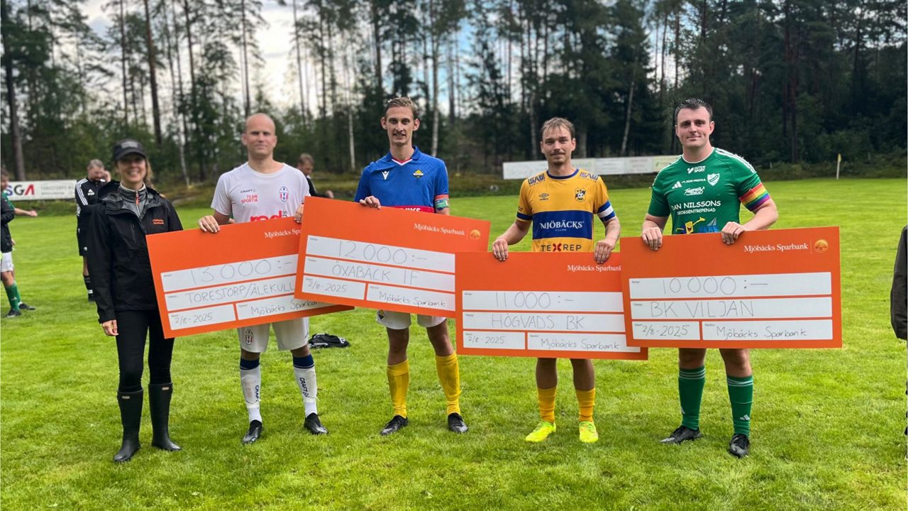 Fyra lagkaptener står på rad med varsin vinstcheck framför sig