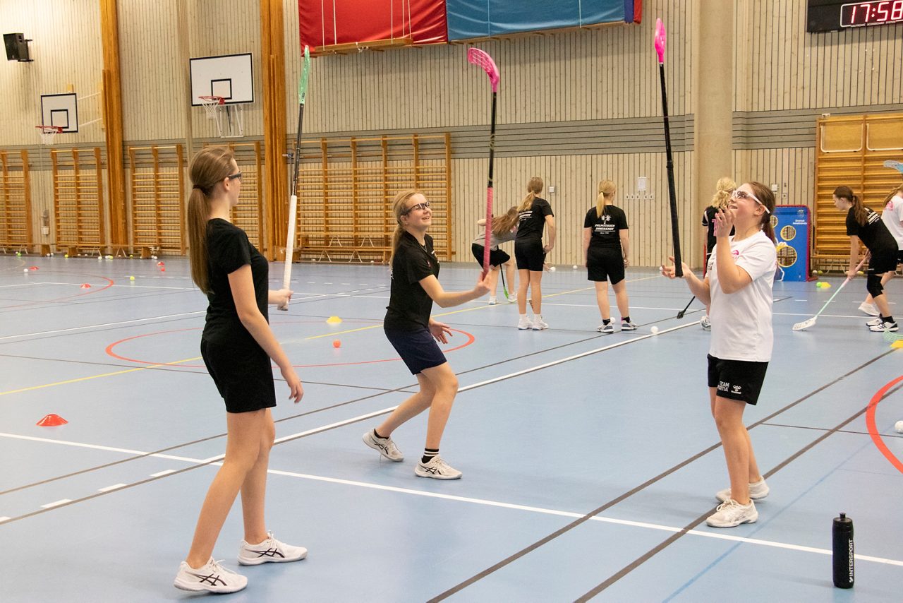 Barn leker med innebandyklubbor