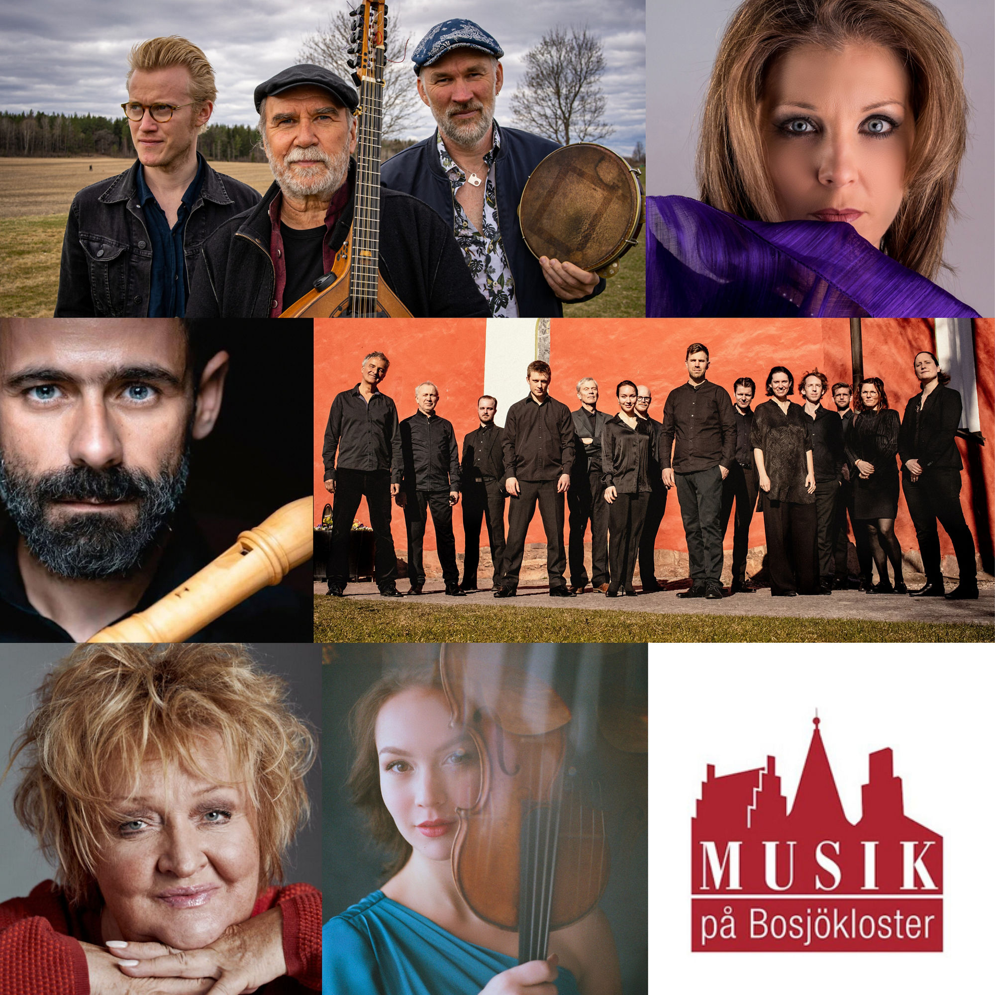 Ett collage av porträtt och gruppbilder visar olika musiker och artister. I det nedre högra hörnet finns en rödvit logotyp och texten "MUSIK på Bosjökloster."