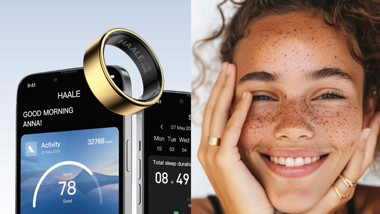 Bild på en smartphone och smartring, en leende flicka med en smartring i fingret