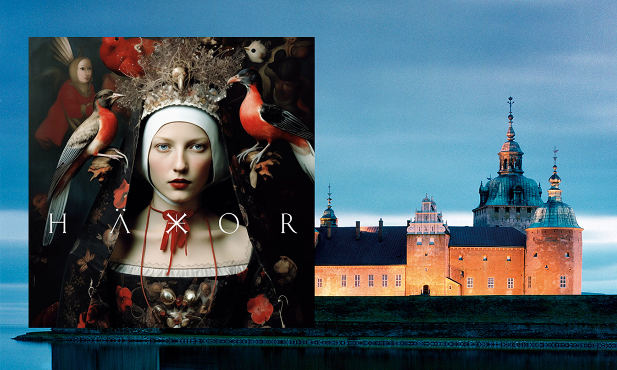 Vy över Kalmar slott och inklippt bild från utställningen med namn Häxor