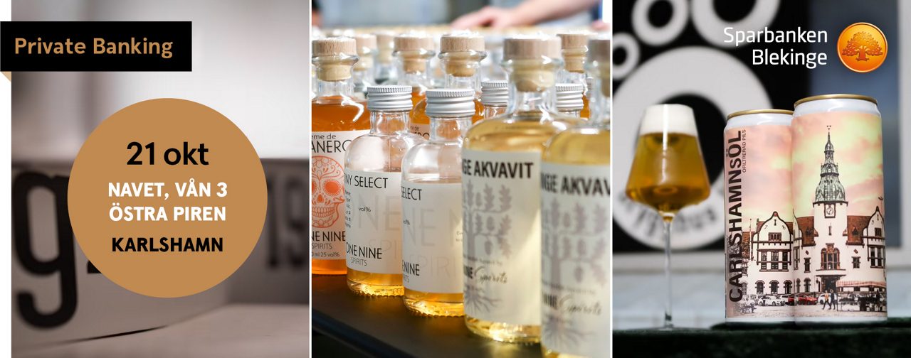 Bilden visar produkter från Brygghus 19. Öl i glas och spritflaskor. 
