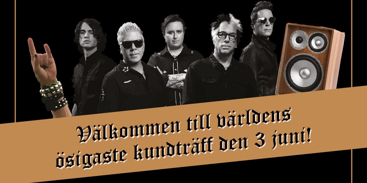 Ett kollage med gitarrer och bandet Offspring och texten Välkommen till världens ösigaste kundträff den 3 juni