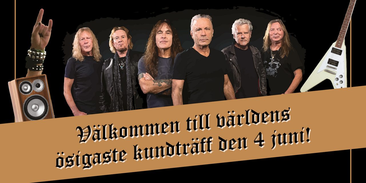 Ett kollage med gitarrer och bandet Iron Maiden och texten Välkommen till världens ösigaste kundträff den 4 juni