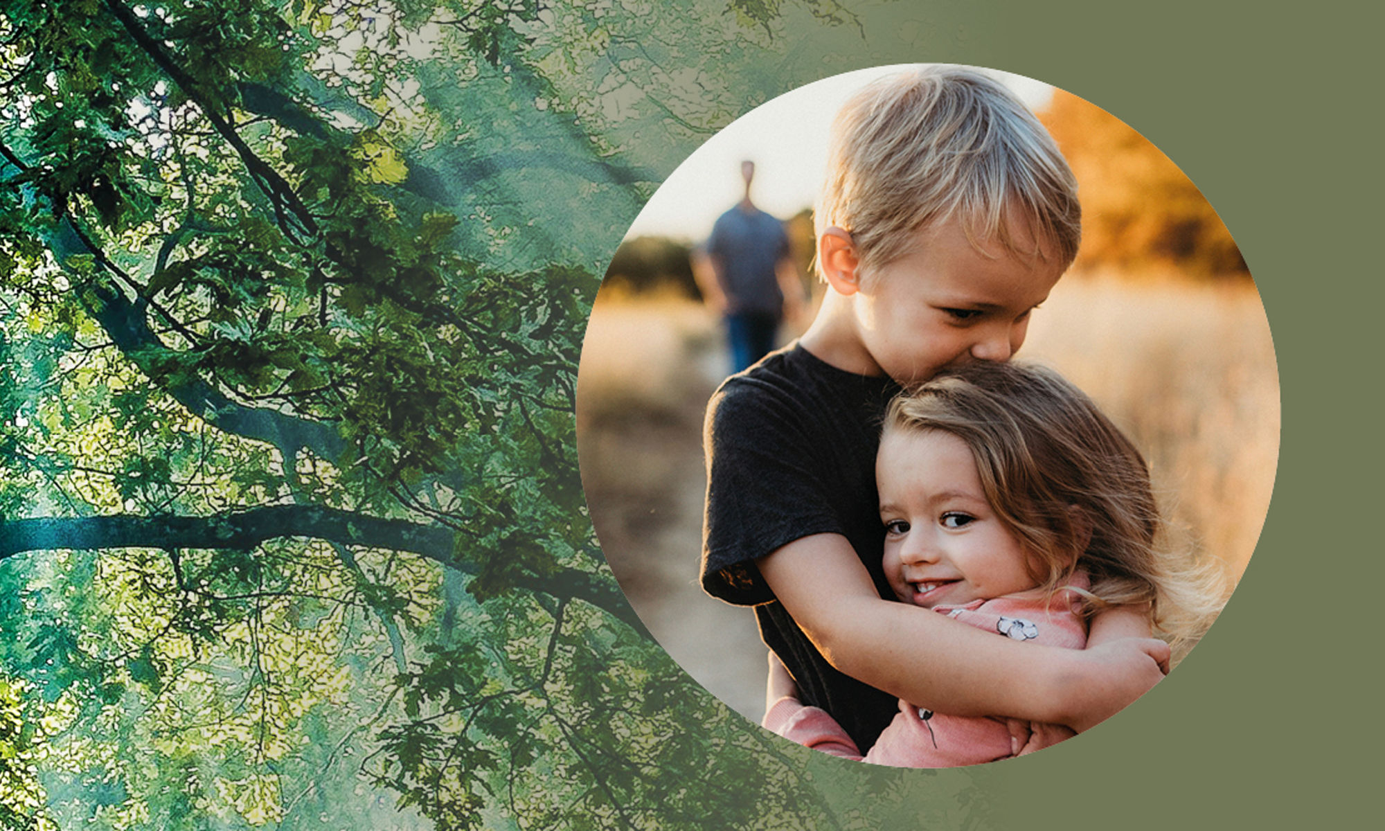 Delad bild med ett träd och solsken samt två barn som kramas