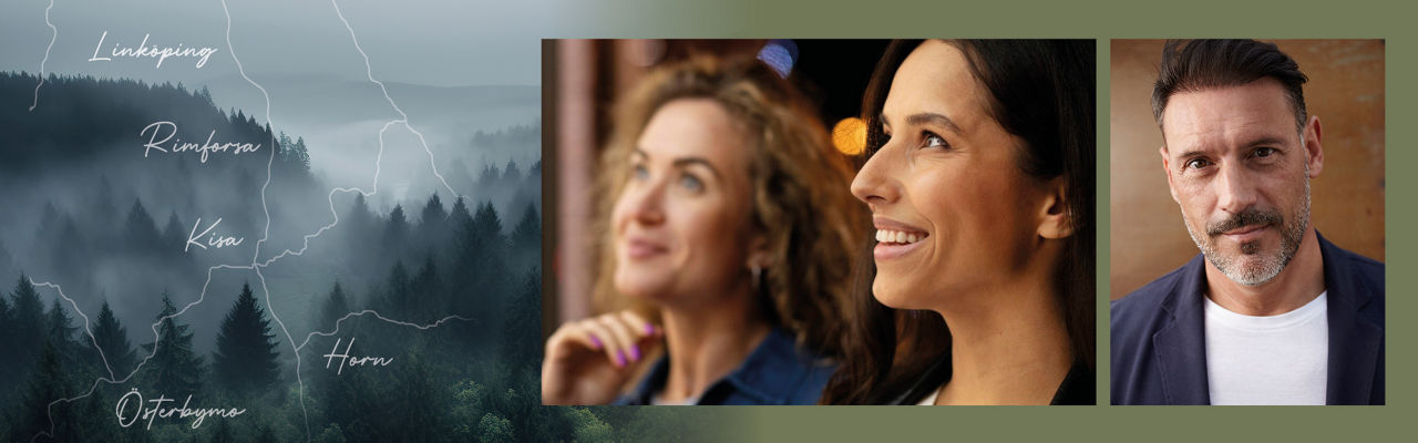 Tre glada människor i samma bild med kartbild över våra kontors orter