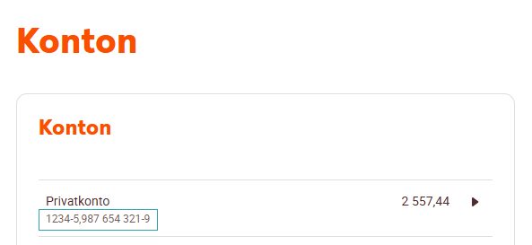 Vy över Internetbanken där aktuellt kontonummer är markerat