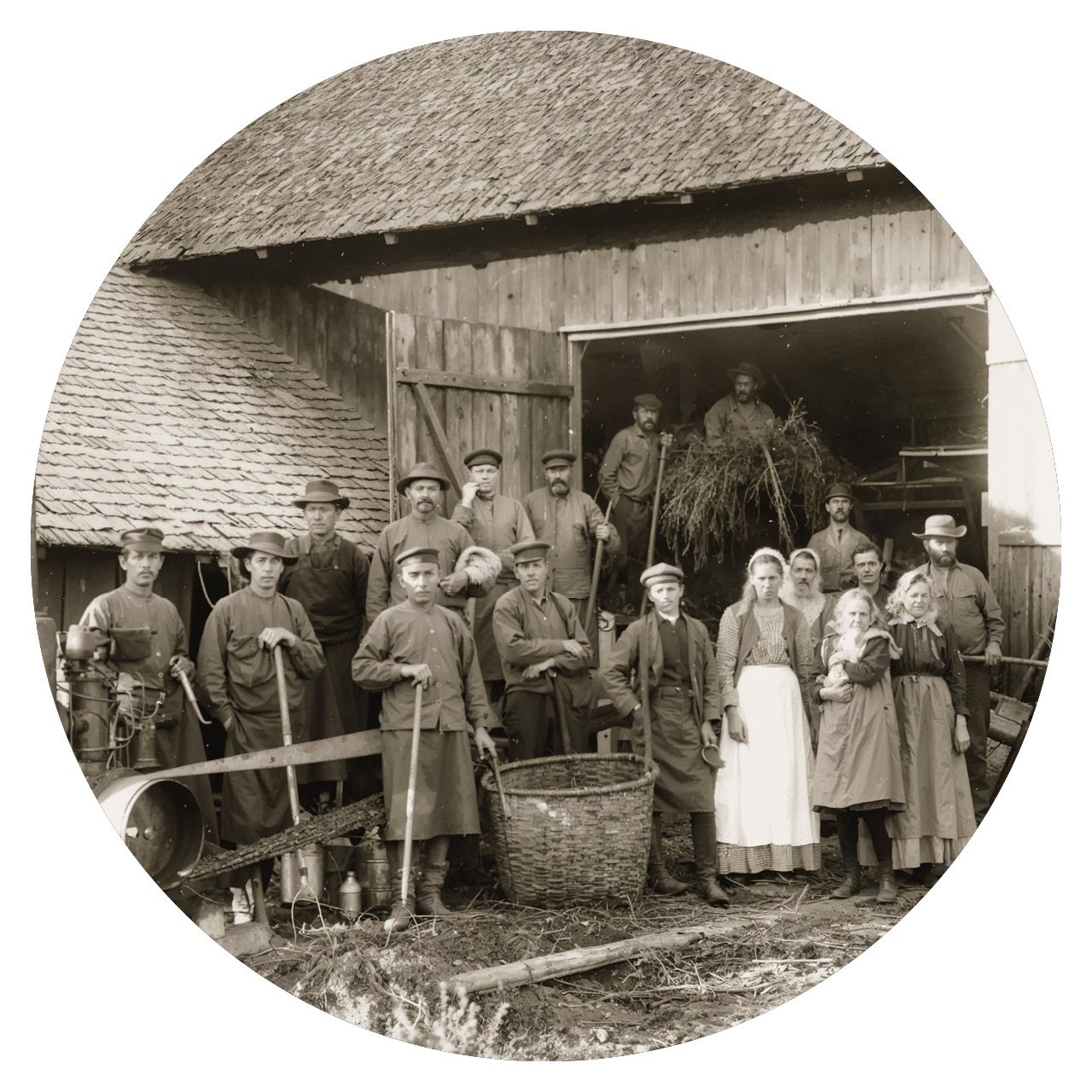 Rund svartvit gammal bild med männsikor framför en lada