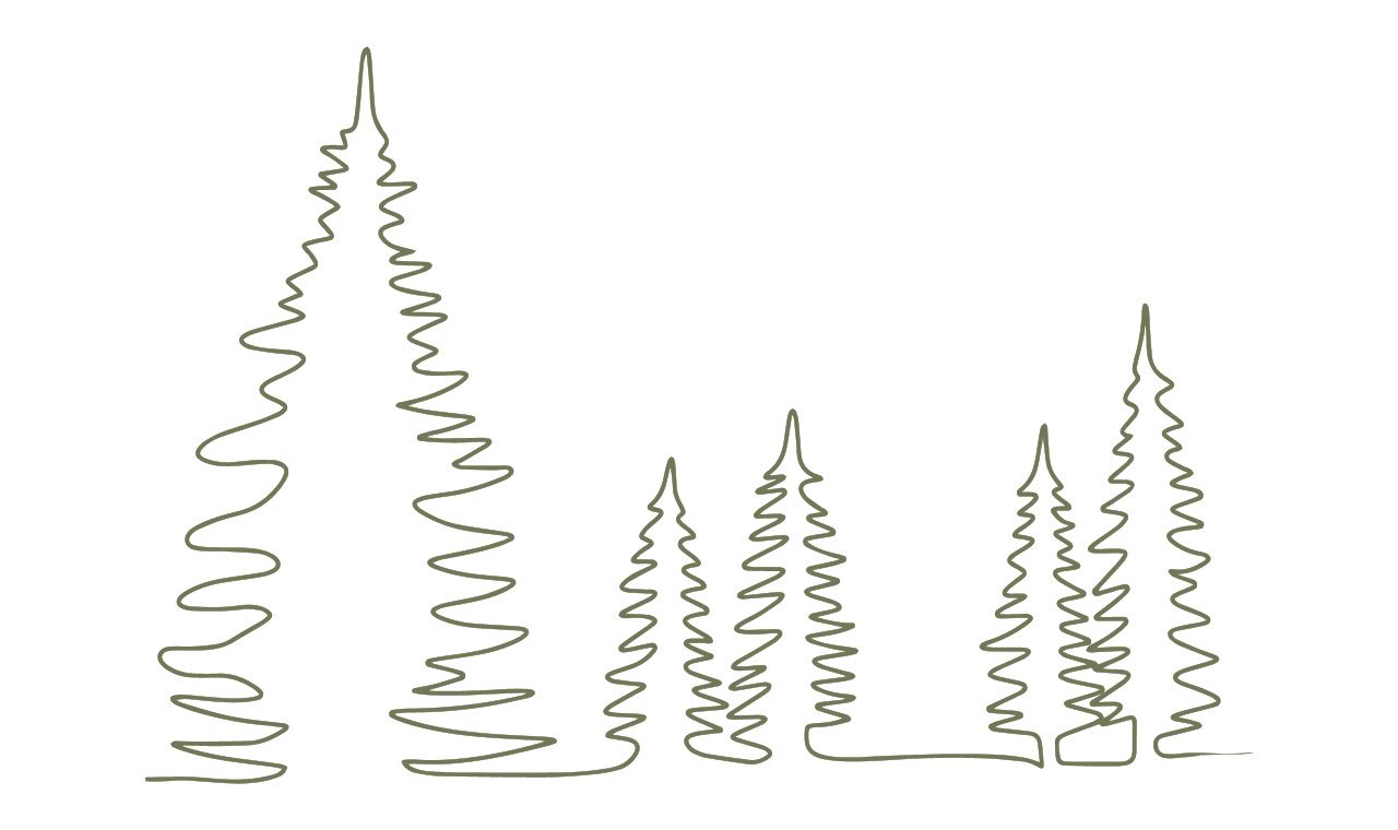 Illustration av fem granar i oneliner i grönt