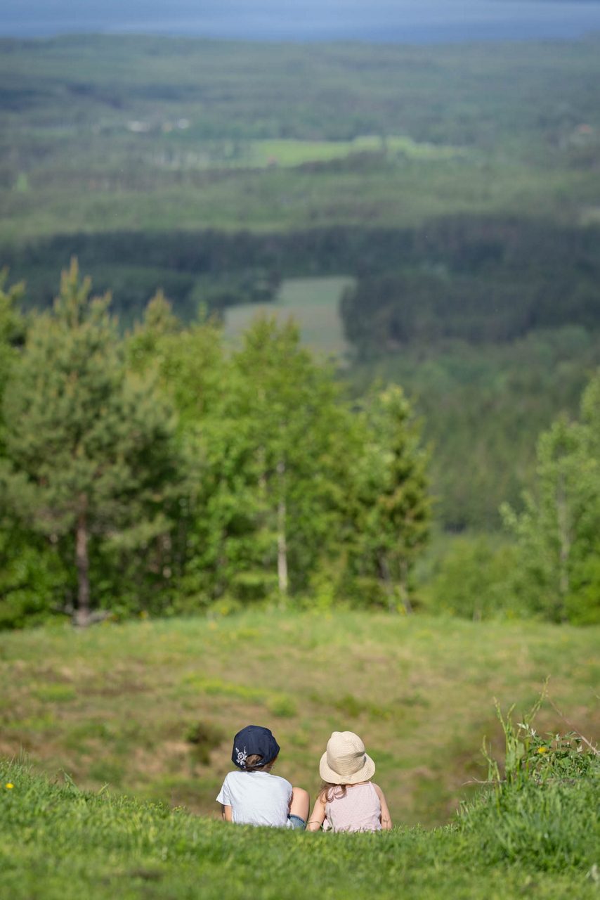 Två barn på ett berg tittar på utsikten