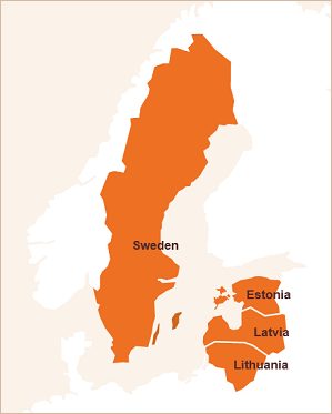 Map of all home markets of Swedbank - Sweden, Estonia, Latvia and Lithuania