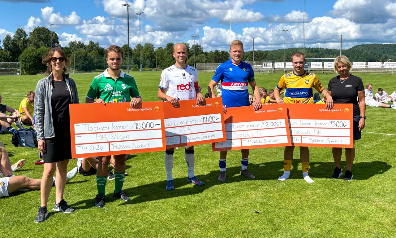 Lagkaptenerna i varje lag som visar upp sina prischeckar i Mjöbäcks Sparbanks Fotbollsturnering 2022.