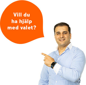 Rafi servicerådgivare i Västervik och pratbubbla med texten "Vill du ha hjälp med valet?"