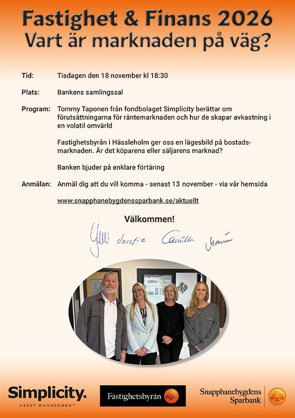 En bild på bankens privatrådgivare. bilden innehåller även lite information om kommande sparaträff den 18 november kl 18:30.