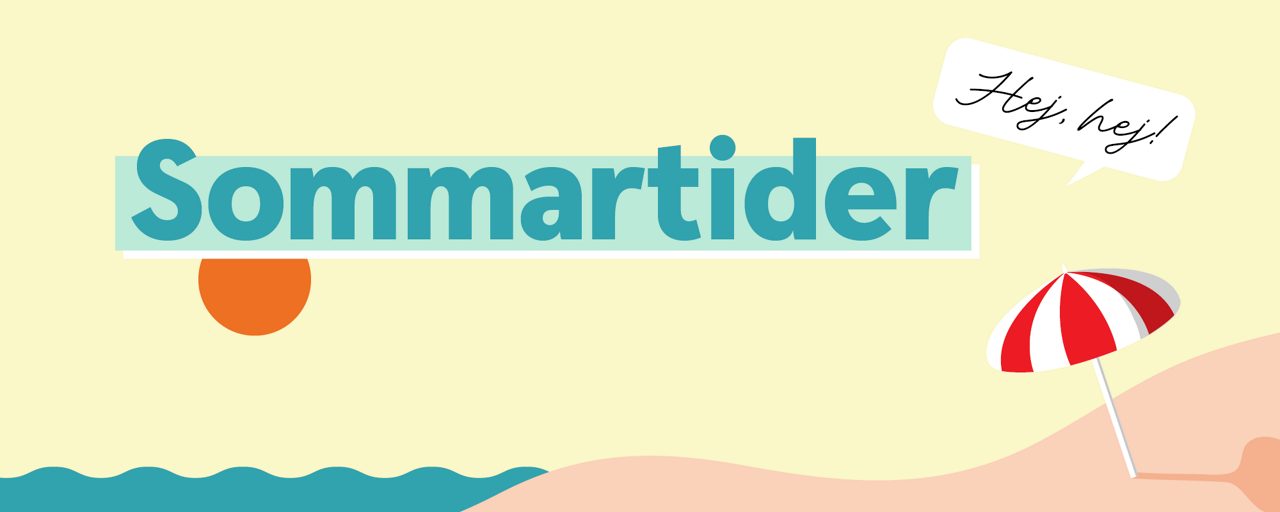 Illustration på strand med ordet Sommartider skrivet