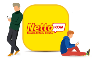Zwei Personen mit Handy neben dem NettoKOM-Logo