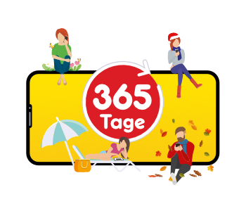 Mobiltelefon mit rotem Text auf gelben Hintergrund: 365 Tage, 15 GB, Flat Min. & SMS, 59,99 €