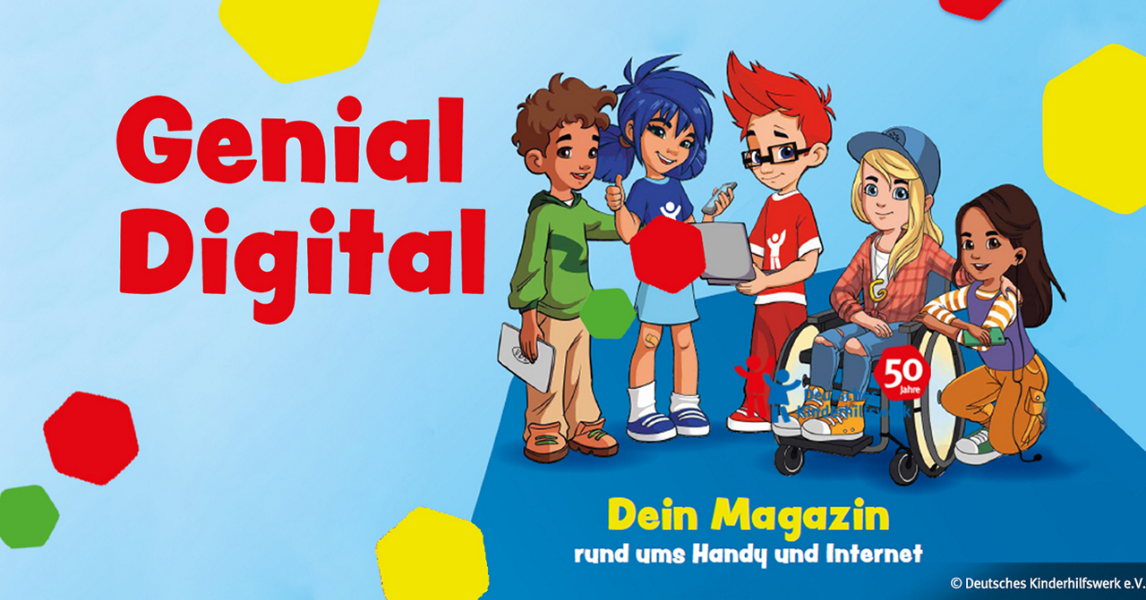 Genial Digital Magazin Cover mit fünf Comic-Figuren