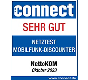 Connect bewertet 2023 die Netzqualität von Nettokom unter allen Mobilfunk Discountern mit der Note Sehr gut 