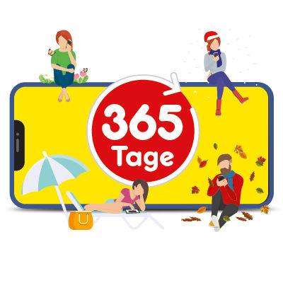 Mobiltelefon mit rotem Text auf gelben Hintergrund: 365 Tage, 12 GB, Flat Min. & SMS, 59,99 €