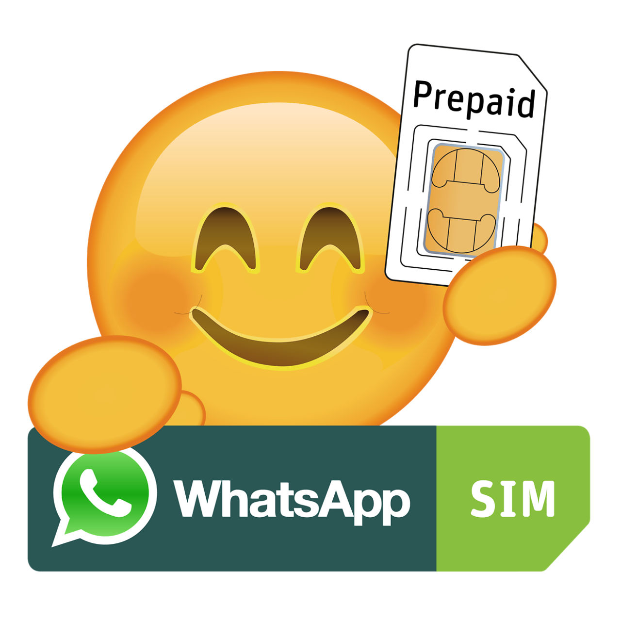 Lächelndes WhatsApp SIM Icon hält Prepaid Karte 